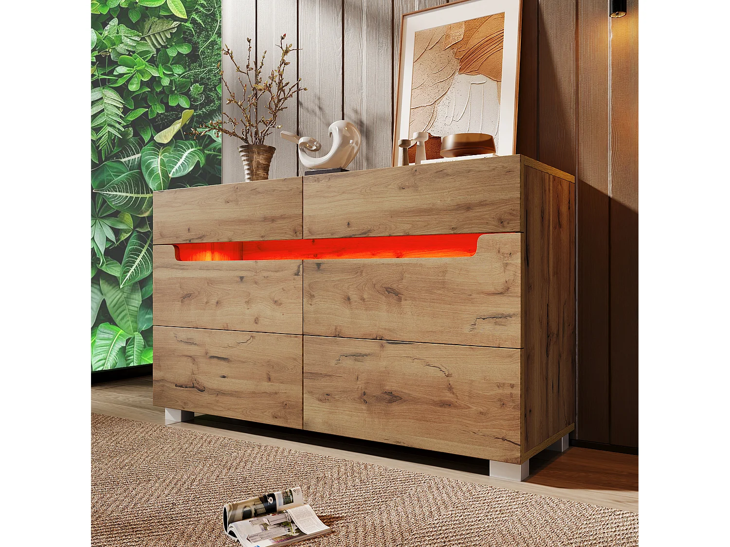 Commode en bois avec 6 tiroirs, LED contrôlable par application, meuble multifonction pour salon et chambre, chêne, (71x120x40 cm)