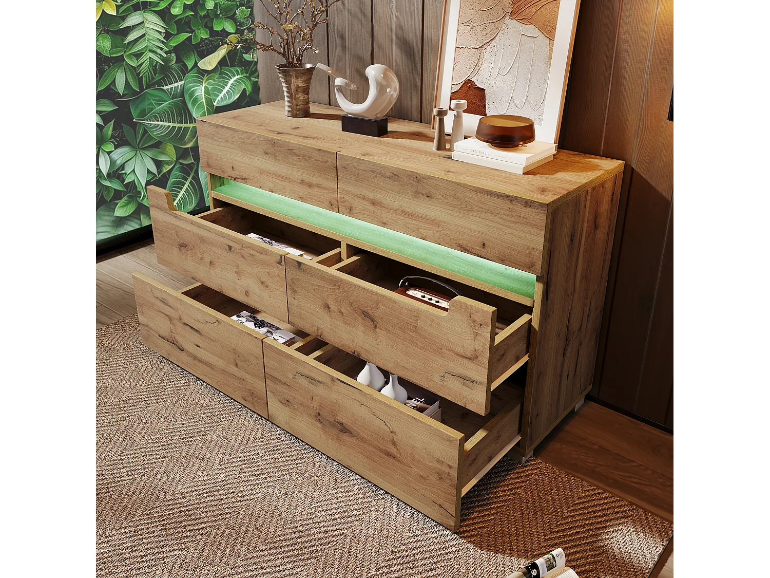 Commode en bois avec 6 tiroirs, LED contrôlable par application, meuble multifonction pour salon et chambre, chêne, (71x120x40 cm)