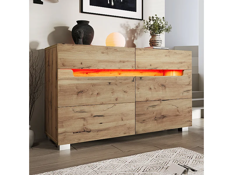 Commode en bois avec 6 tiroirs, LED contrôlable par application, meuble multifonction pour salon et chambre, chêne, (71x120x40 cm)