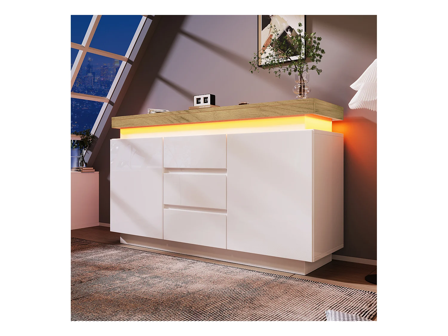 Cassettiera moderna con 2 ante e 3 cassetti, LED controllabile tramite app, mobile multifunzionale per soggiorno e camera da letto, bianco, (81x140x39 cm)