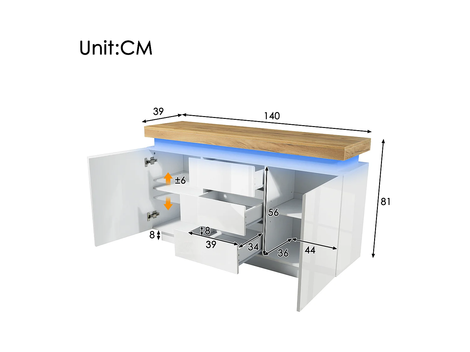 Cassettiera moderna con 2 ante e 3 cassetti, LED controllabile tramite app, mobile multifunzionale per soggiorno e camera da letto, bianco, (81x140x39 cm)
