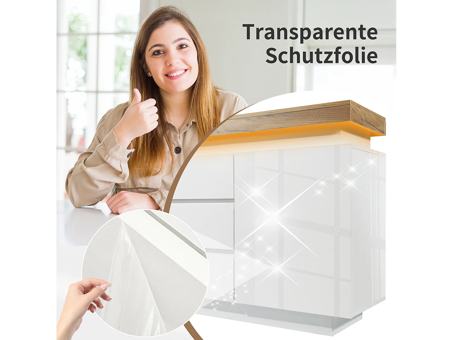 Commode moderne avec 2 portes et 3 tiroirs, LED contrôlable par application, meuble multifonction pour salon et chambre, blanc, (81x140x39 cm)