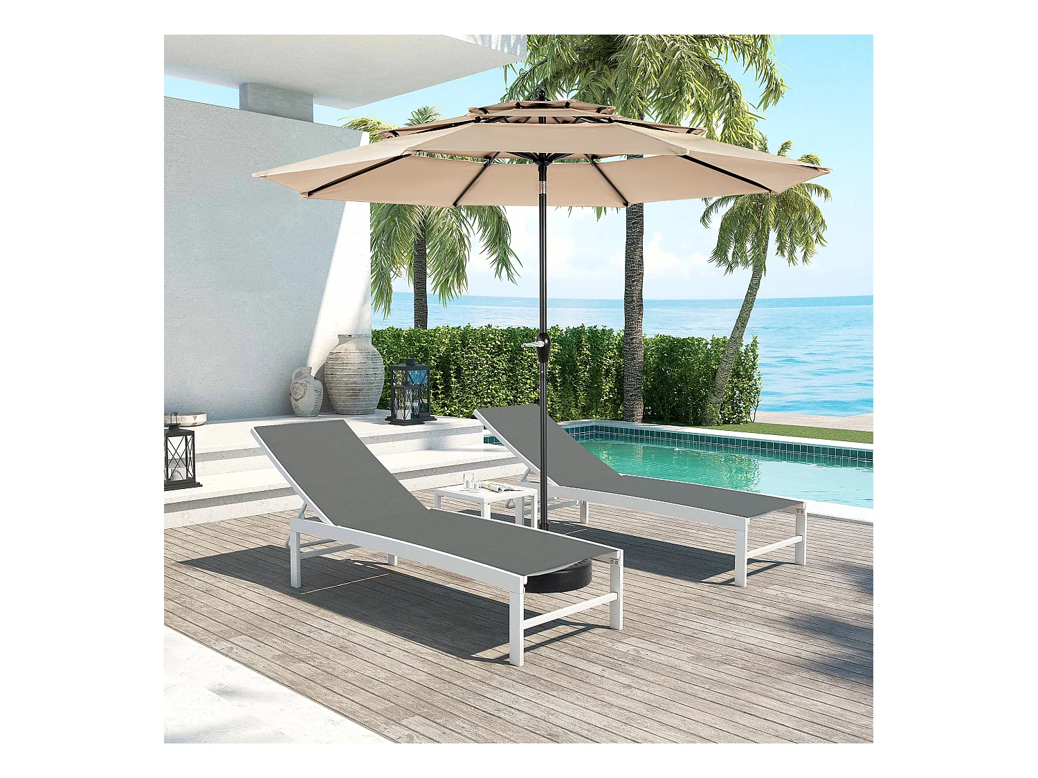 Parasol extérieur double face rectangulaire avec manivelle, structure en acier, kaki (4,5x4,5x3m)