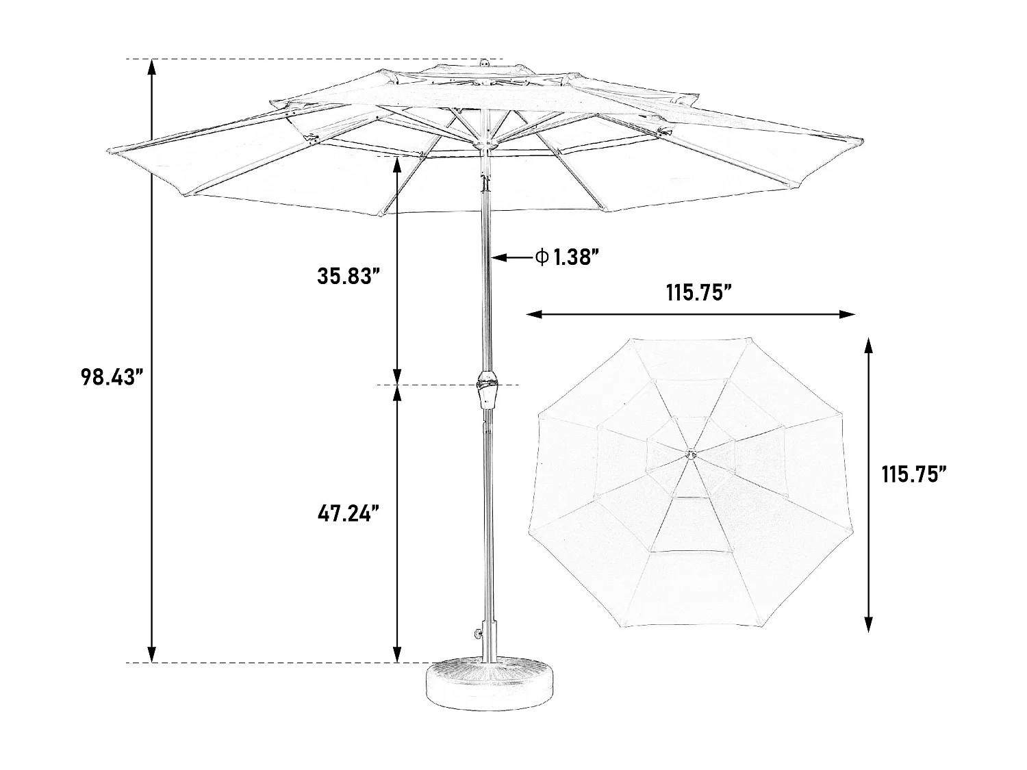 Parasol extérieur double face rectangulaire avec manivelle, structure en acier, kaki (4,5x4,5x3m)