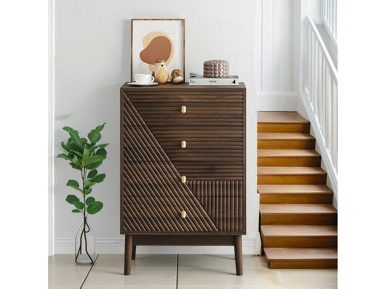 Commode avec 4 tiroirs, MDF, noyer (60x40x90 cm)