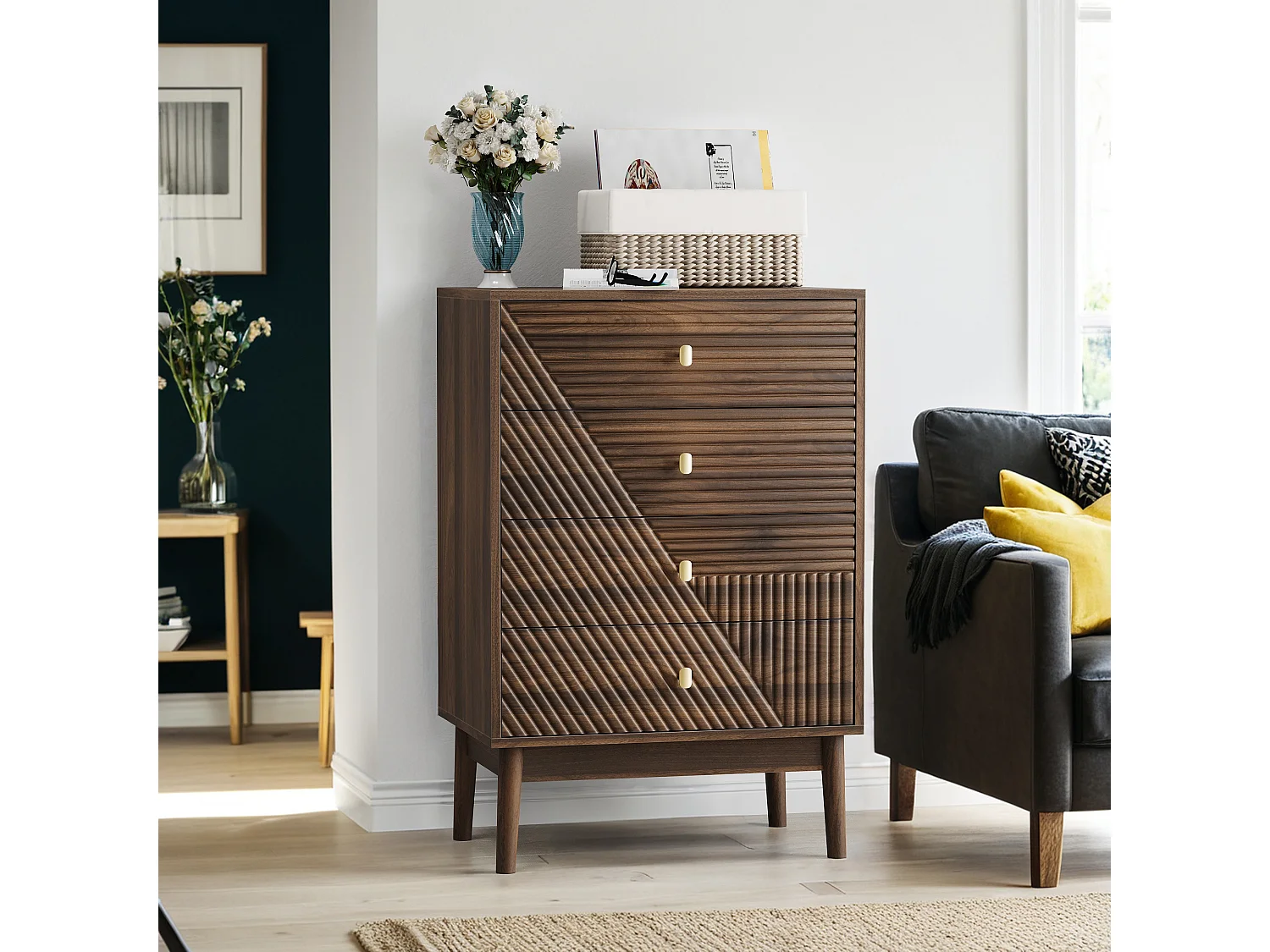 Commode avec 4 tiroirs, MDF, noyer (60x40x90 cm)