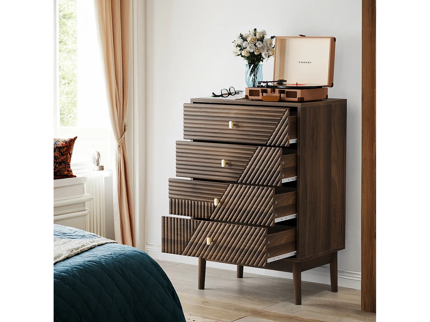 Commode avec 4 tiroirs, MDF, noyer (60x40x90 cm)