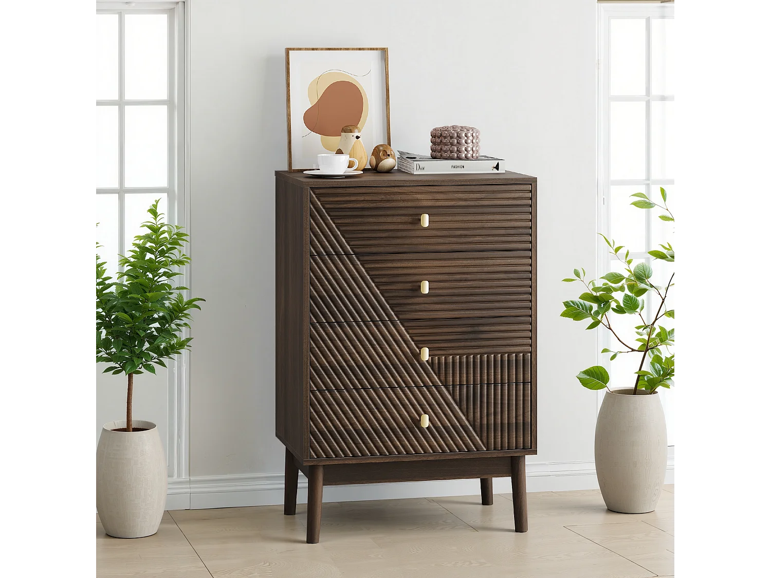 Commode avec 4 tiroirs, MDF, noyer (60x40x90 cm)
