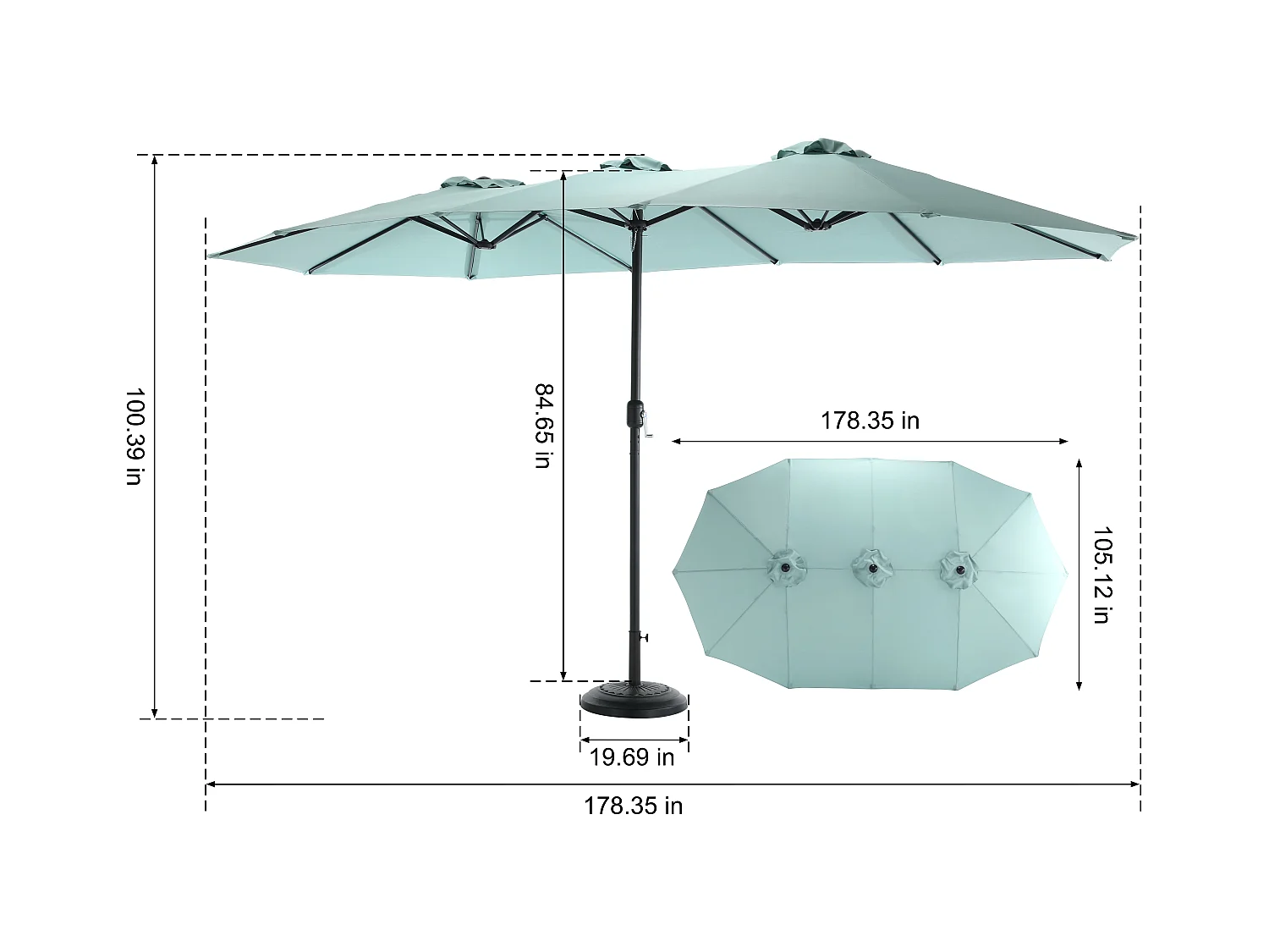 Ombrellone da esterno rettangolare bifacciale con manovella, struttura in acciaio, verde chiaro (4,5x4,5x3m)