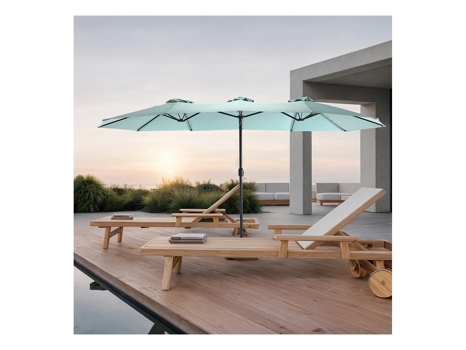 Parasol extérieur double face rectangulaire avec manivelle, structure en acier, vert clair (4.5x4.5x3m)