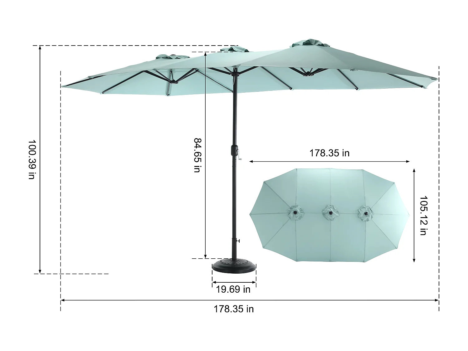 Ombrellone da esterno rettangolare bifacciale con manovella, struttura in acciaio, verde chiaro (4,5x4,5x3m)