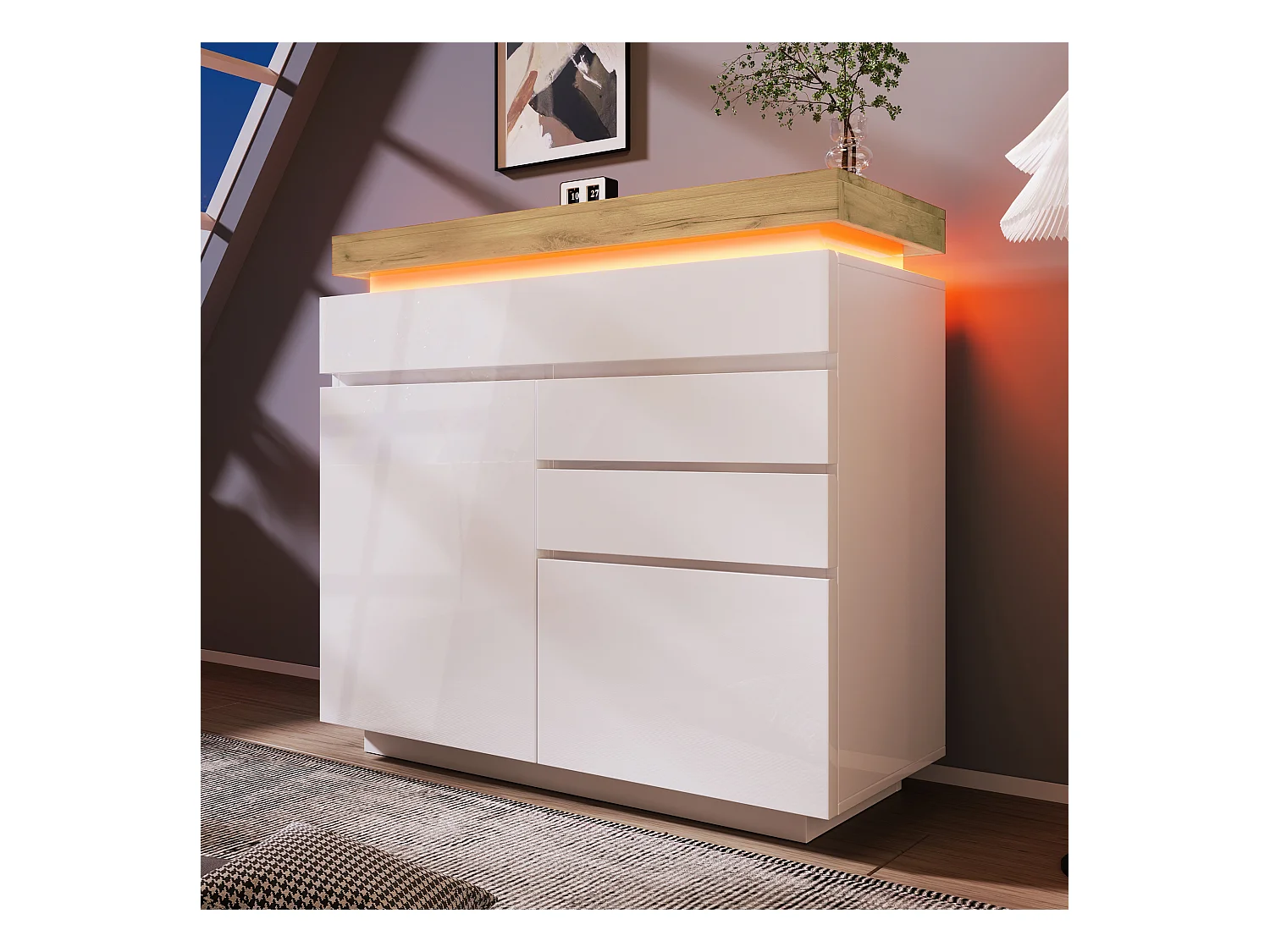 Commode moderne avec 2 portes et 3 tiroirs, LED contrôlable par application, meuble multifonction pour salon et chambre, blanc, (115x110x39 cm)