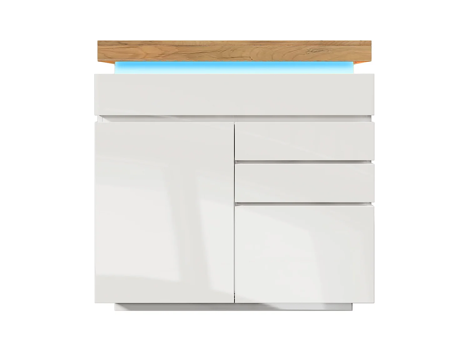 Commode moderne avec 2 portes et 3 tiroirs, LED contrôlable par application, meuble multifonction pour salon et chambre, blanc, (115x110x39 cm)