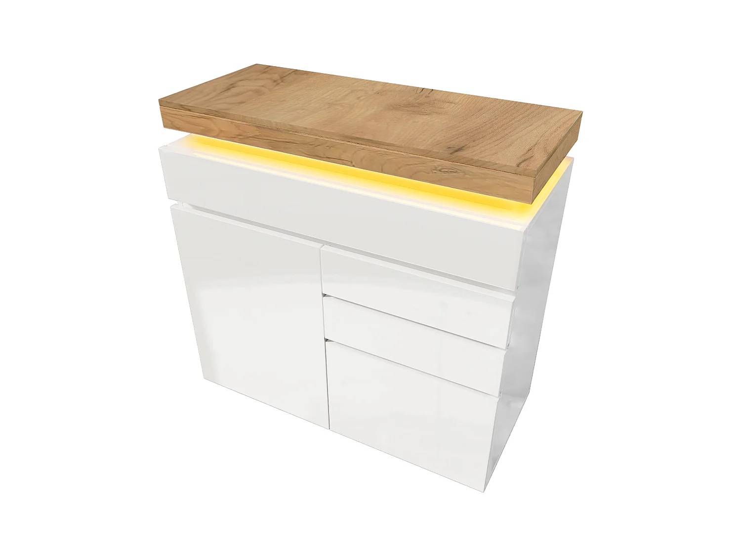 Commode moderne avec 2 portes et 3 tiroirs, LED contrôlable par application, meuble multifonction pour salon et chambre, blanc, (115x110x39 cm)