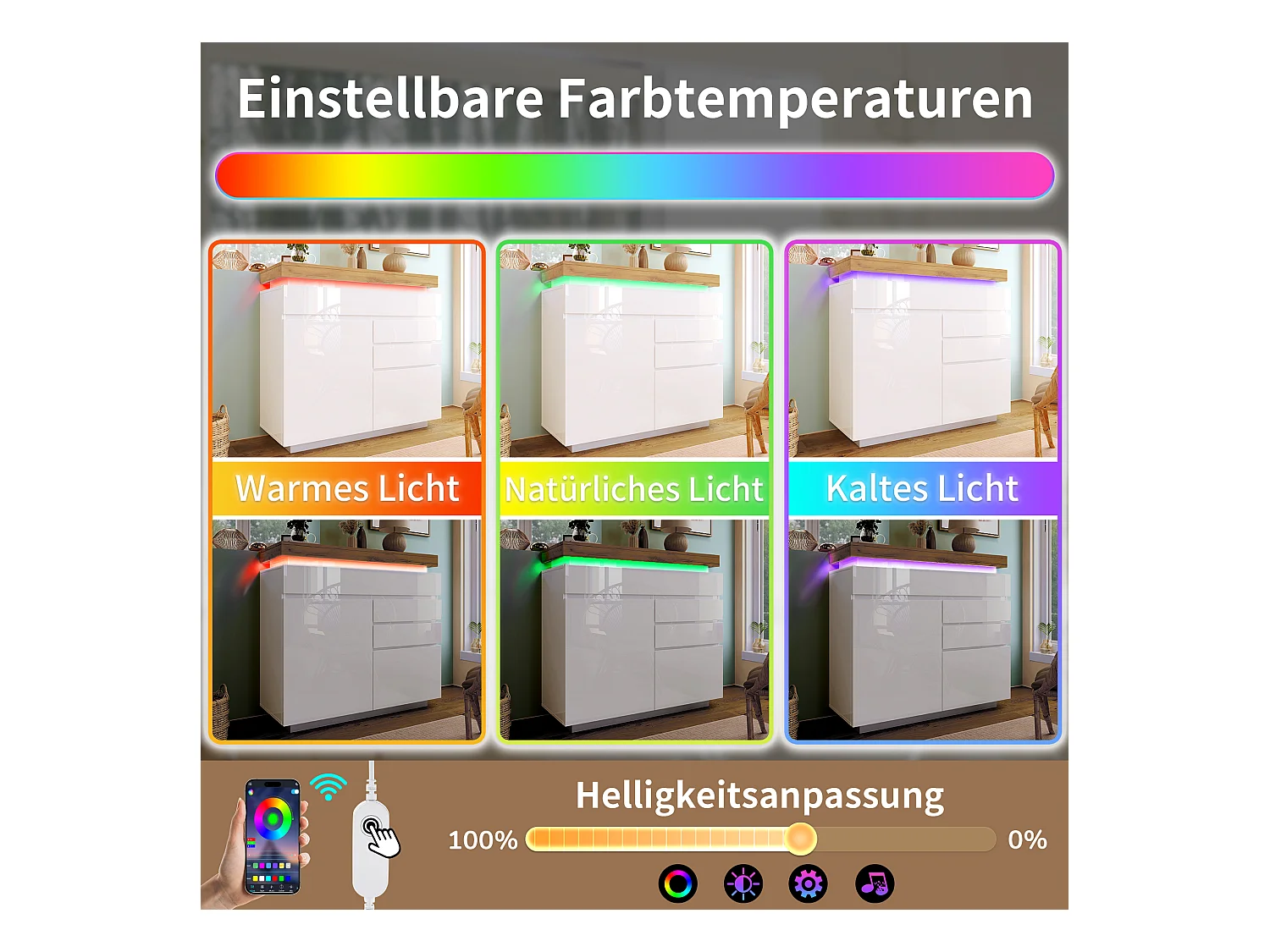 Commode moderne avec 2 portes et 3 tiroirs, LED contrôlable par application, meuble multifonction pour salon et chambre, blanc, (115x110x39 cm)