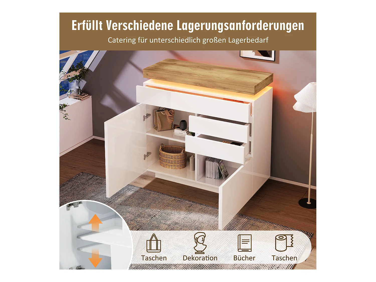 Commode moderne avec 2 portes et 3 tiroirs, LED contrôlable par application, meuble multifonction pour salon et chambre, blanc, (115x110x39 cm)