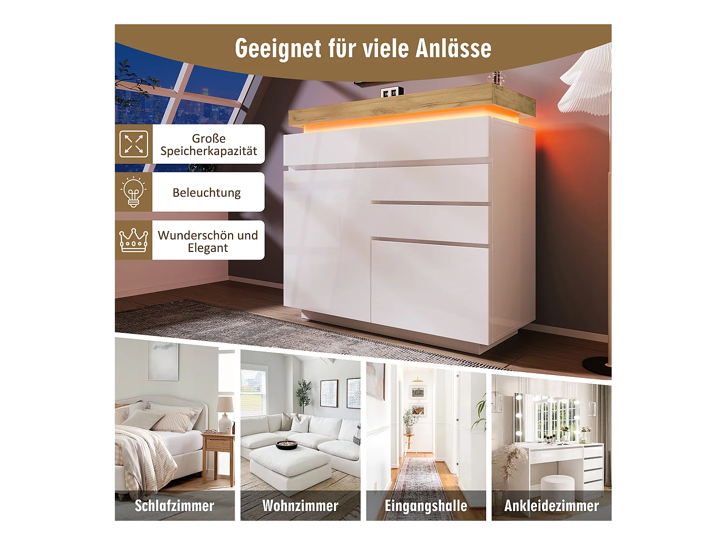 Commode moderne avec 2 portes et 3 tiroirs, LED contrôlable par application, meuble multifonction pour salon et chambre, blanc, (115x110x39 cm)