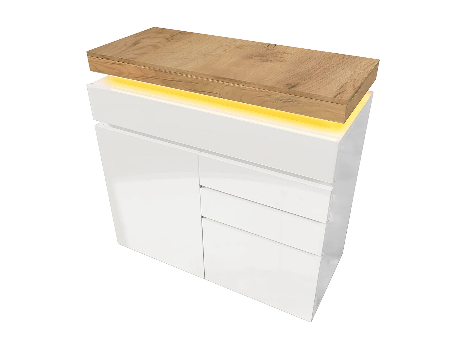 Commode moderne avec 2 portes et 3 tiroirs, LED contrôlable par application, meuble multifonction pour salon et chambre, blanc, (115x110x39 cm)