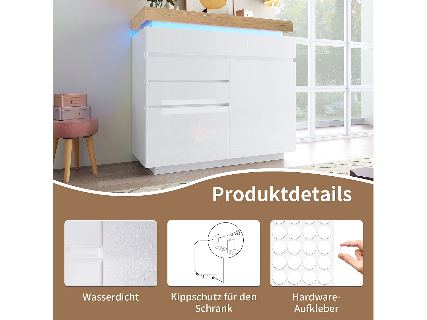 Commode moderne avec 2 portes et 3 tiroirs, LED contrôlable par application, meuble multifonction pour salon et chambre, blanc, (115x110x39 cm)