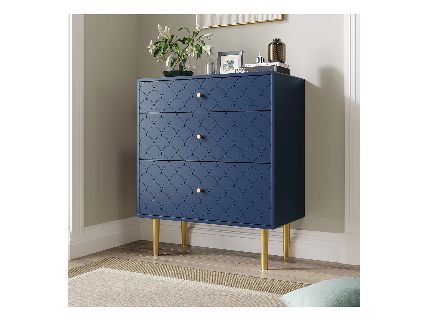 Ladekast met 3 laden, opbergmeubel, gemaakt van metaal en spaanplaat, marineblauw (89x75x40 cm)