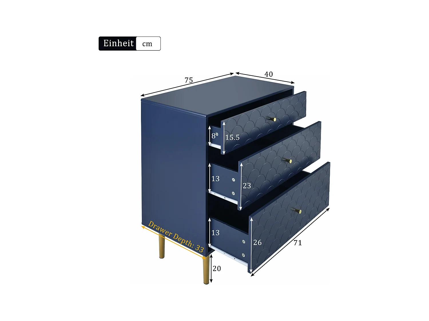 Ladekast met 3 laden, opbergmeubel, gemaakt van metaal en spaanplaat, marineblauw (89x75x40 cm)
