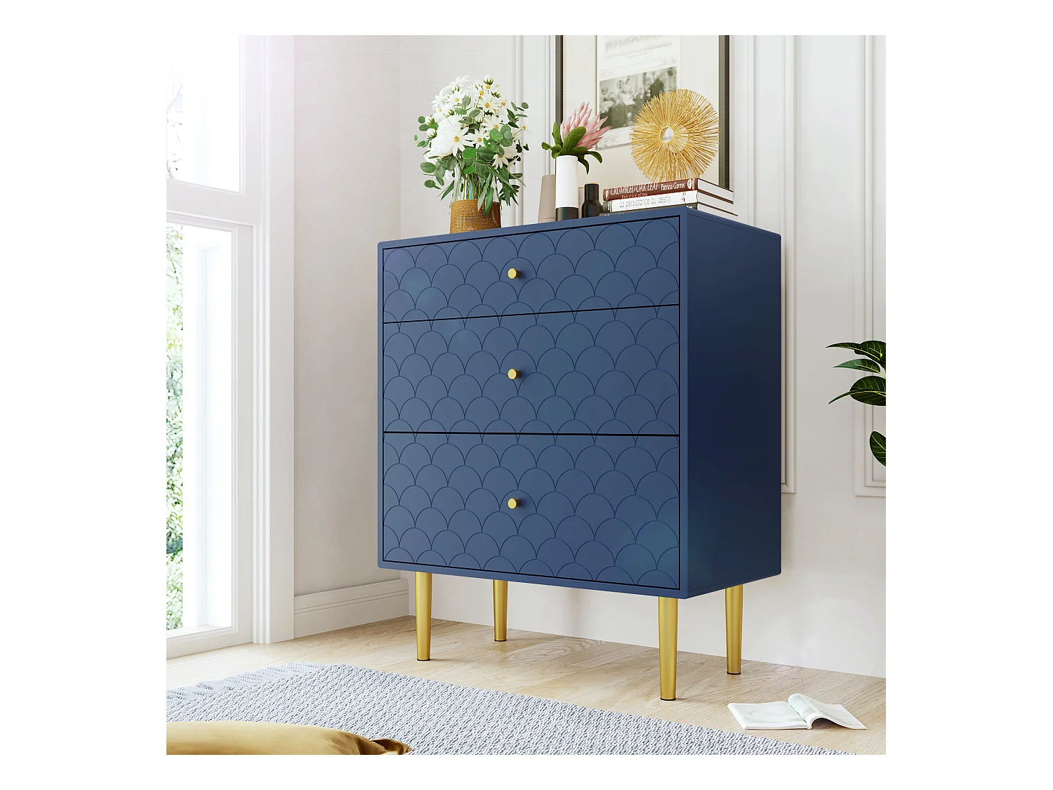 Ladekast met 3 laden, opbergmeubel, gemaakt van metaal en spaanplaat, marineblauw (89x75x40 cm)