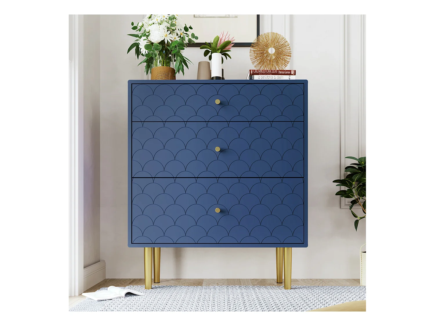 Ladekast met 3 laden, opbergmeubel, gemaakt van metaal en spaanplaat, marineblauw (89x75x40 cm)