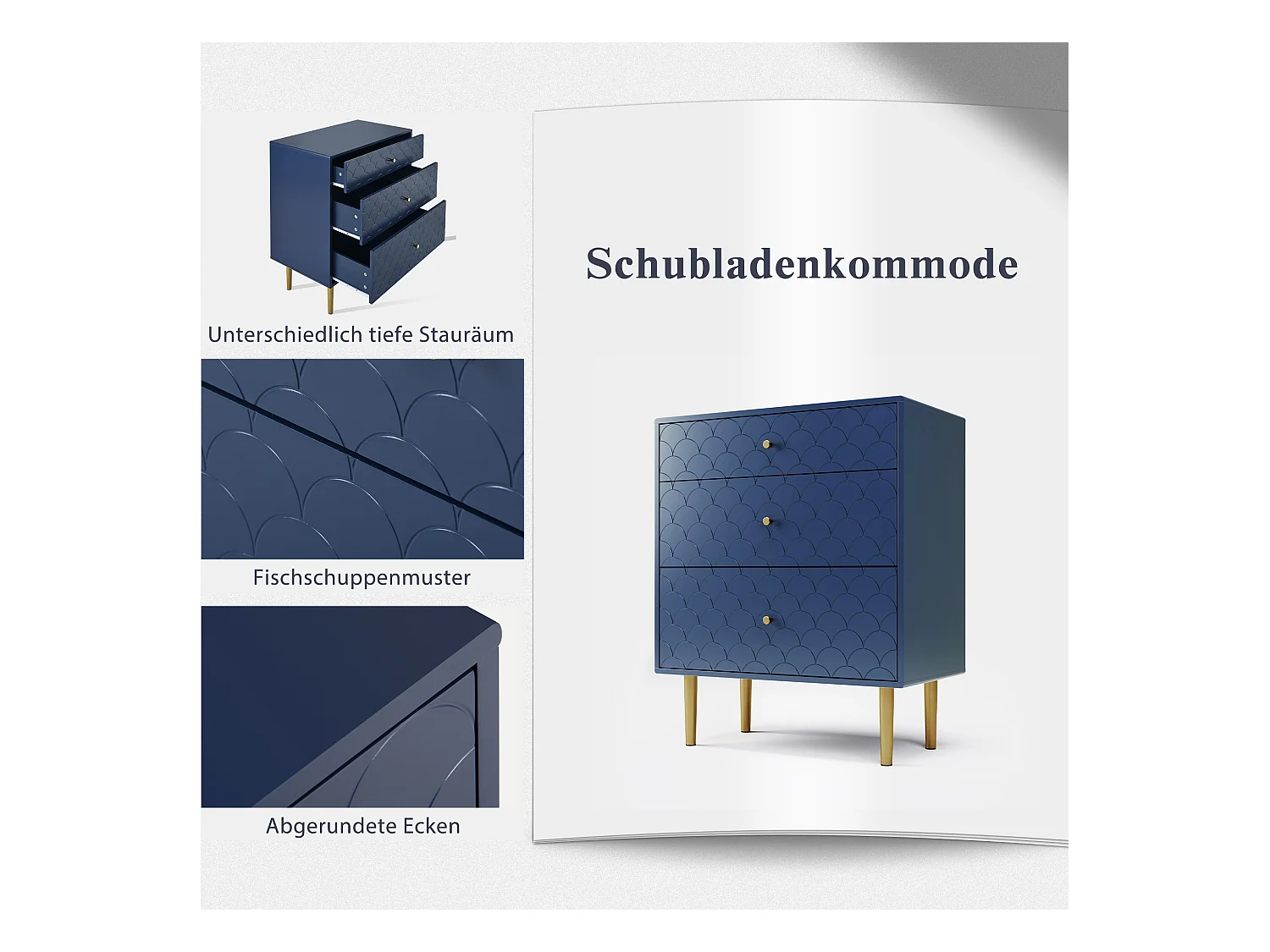 Ladekast met 3 laden, opbergmeubel, gemaakt van metaal en spaanplaat, marineblauw (89x75x40 cm)