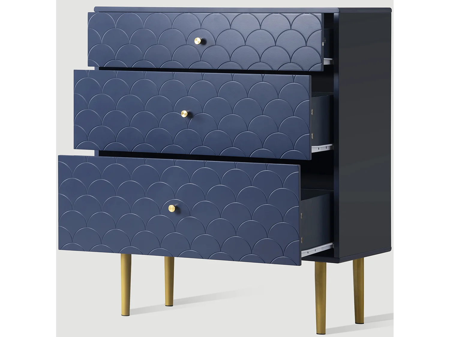 Cómoda con 3 cajones, mueble de almacenaje, fabricada en metal y tableros de partículas, color azul marino (89x75x40 cm)