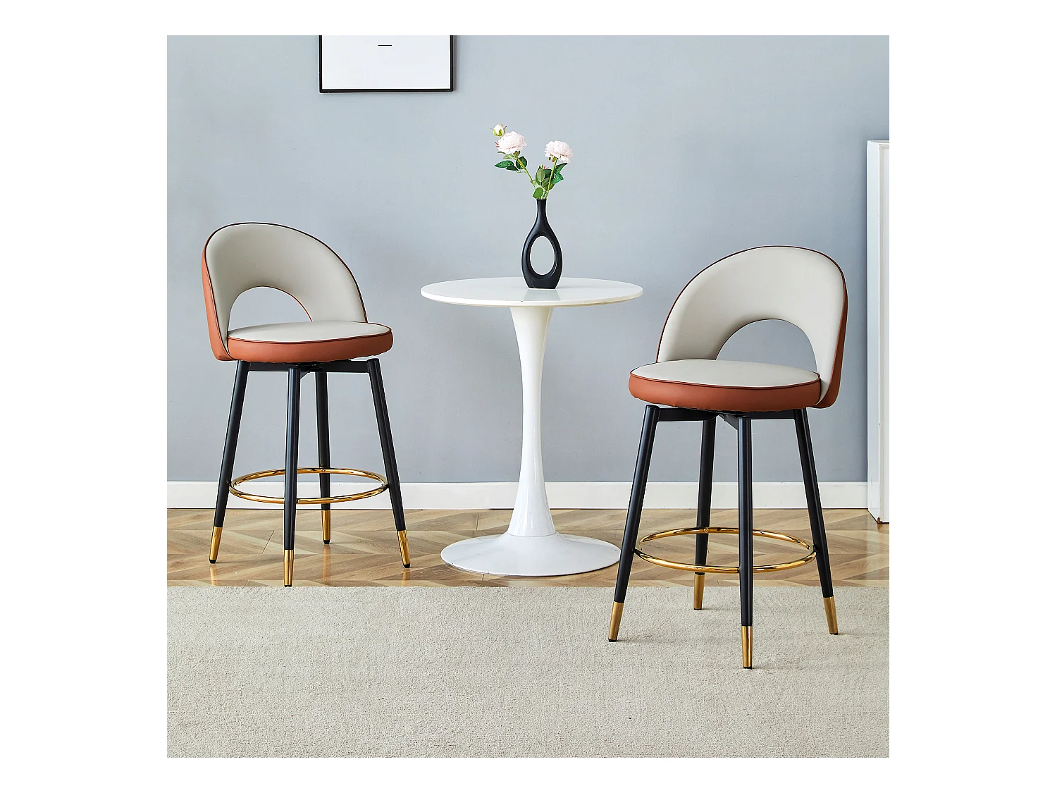 Tabouret de bar pivotant 360°, PU gris clair et brun, design moderne, confort optimal, pieds métalliques dorés (48.2x43x91.5 cm)