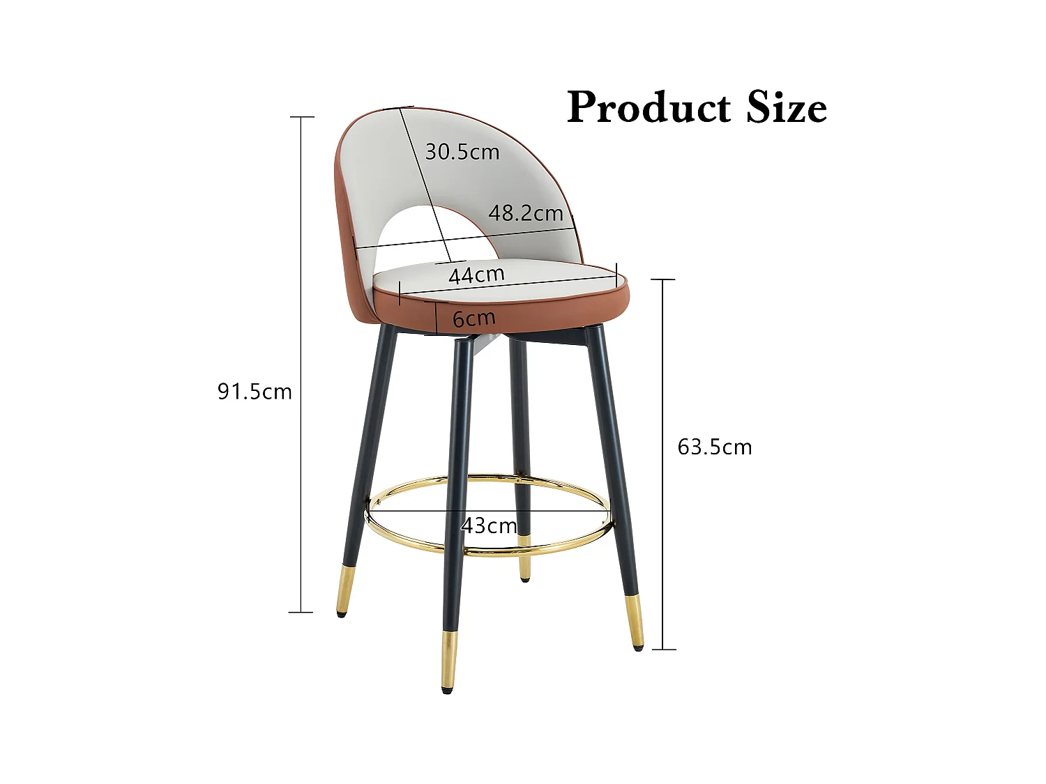 Tabouret de bar pivotant 360°, PU gris clair et brun, design moderne, confort optimal, pieds métalliques dorés (48.2x43x91.5 cm)