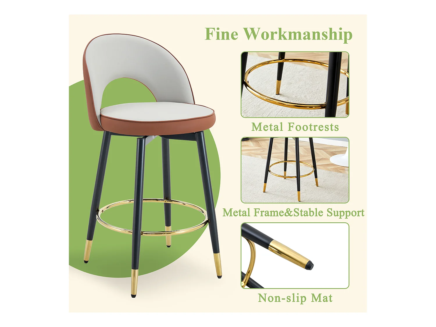 Tabouret de bar pivotant 360°, PU gris clair et brun, design moderne, confort optimal, pieds métalliques dorés (48.2x43x91.5 cm)