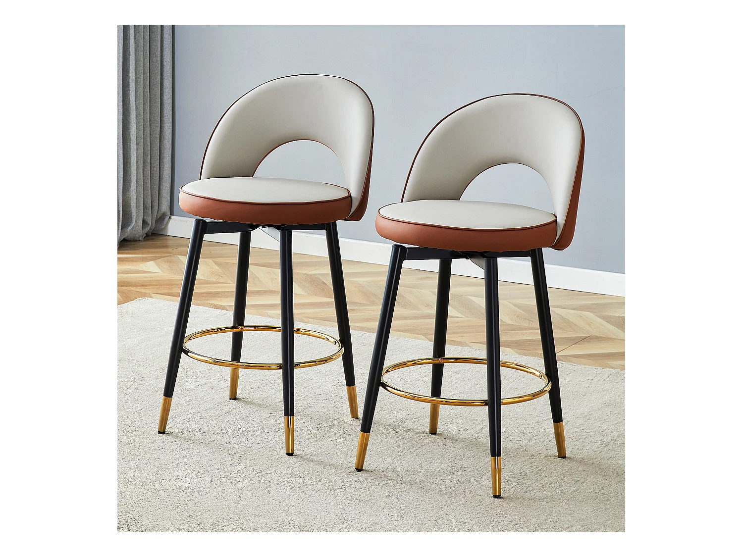 Tabouret de bar pivotant 360°, PU gris clair et brun, design moderne, confort optimal, pieds métalliques dorés (48.2x43x91.5 cm)