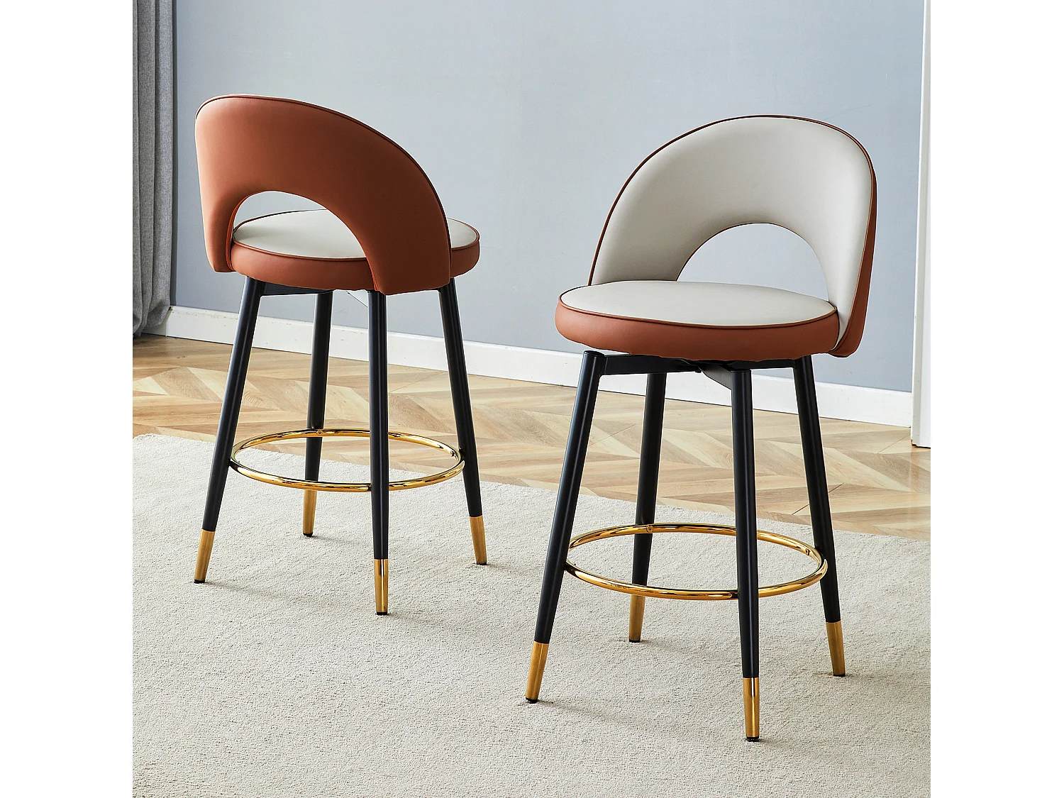 360° draaibare barkruk, lichtgrijs en bruin PU, modern design, optimaal comfort, gouden metalen poten (48,2 x 43 x 91,5 cm)