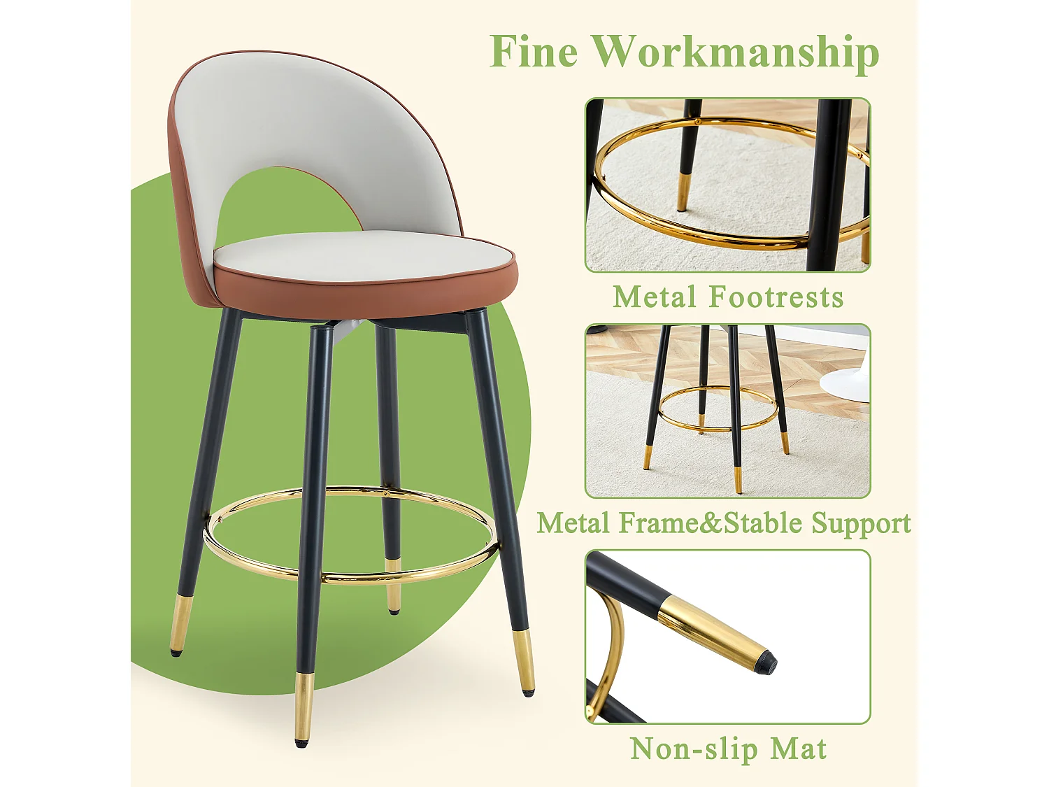 360° draaibare barkruk, lichtgrijs en bruin PU, modern design, optimaal comfort, gouden metalen poten (48,2 x 43 x 91,5 cm)