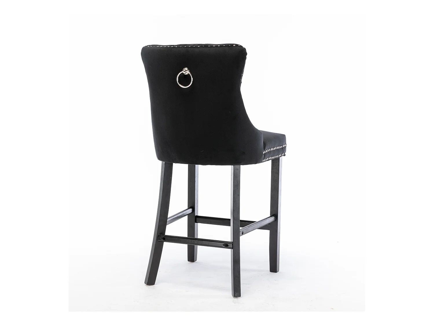 Tabouret de bar contemporain, capitonné, bois massif, piètement bois, rivets chromés, velours, noir (60x50x103 cm)