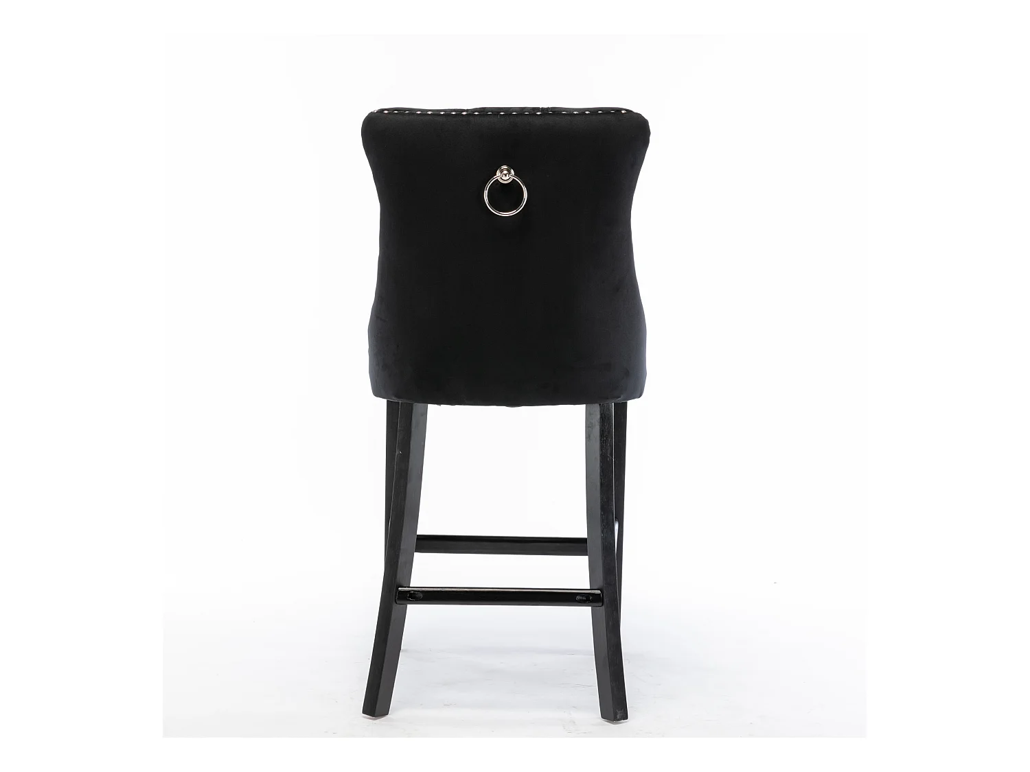 Tabouret de bar contemporain, capitonné, bois massif, piètement bois, rivets chromés, velours, noir (60x50x103 cm)