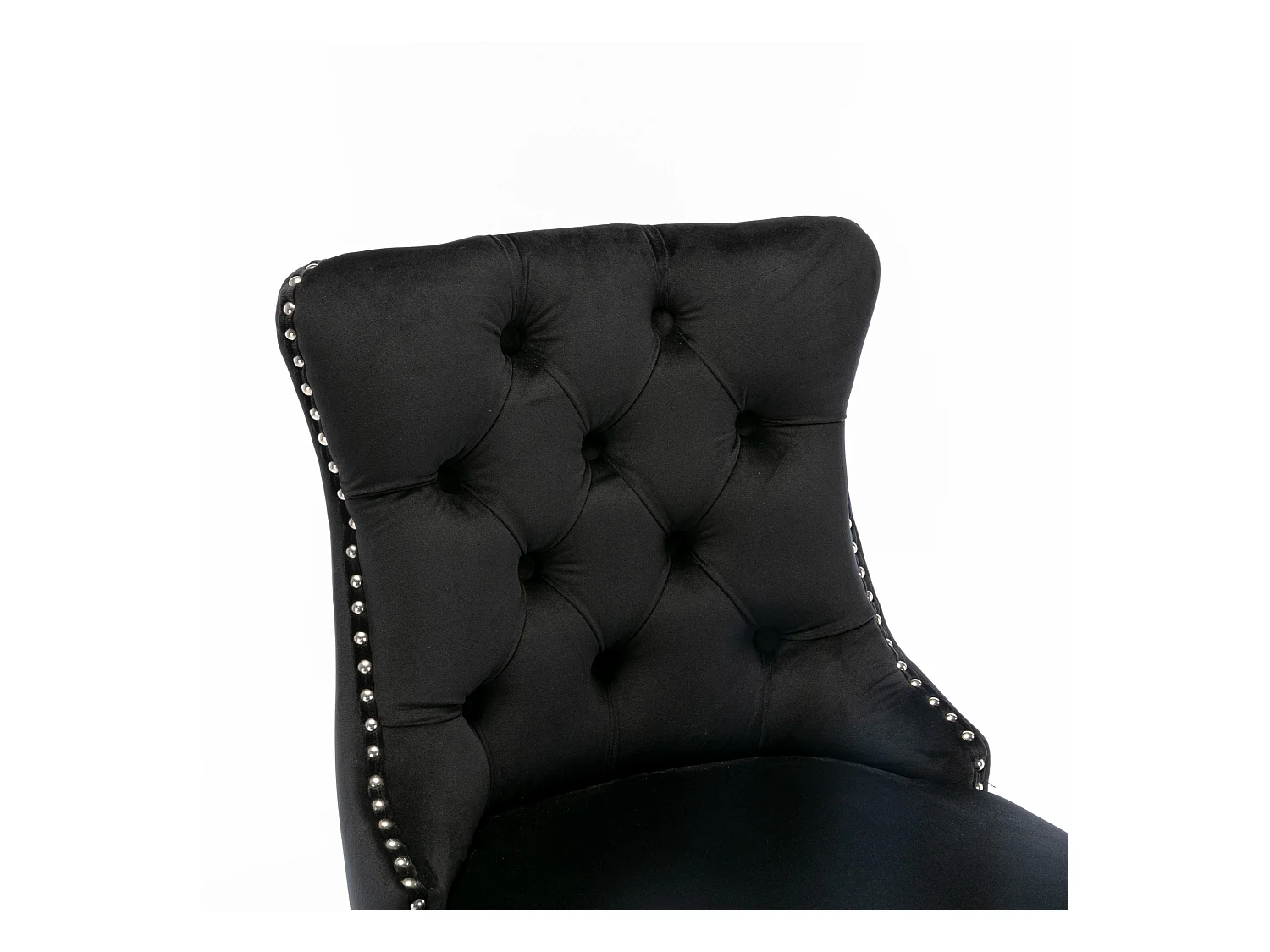 Tabouret de bar contemporain, capitonné, bois massif, piètement bois, rivets chromés, velours, noir (60x50x103 cm)