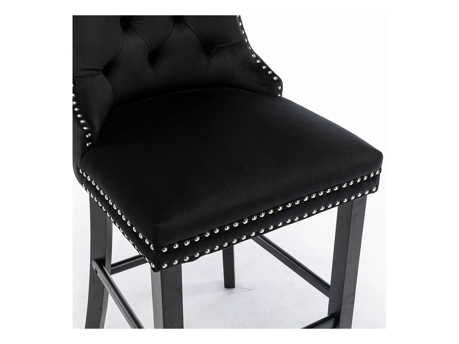 Tabouret de bar contemporain, capitonné, bois massif, piètement bois, rivets chromés, velours, noir (60x50x103 cm)