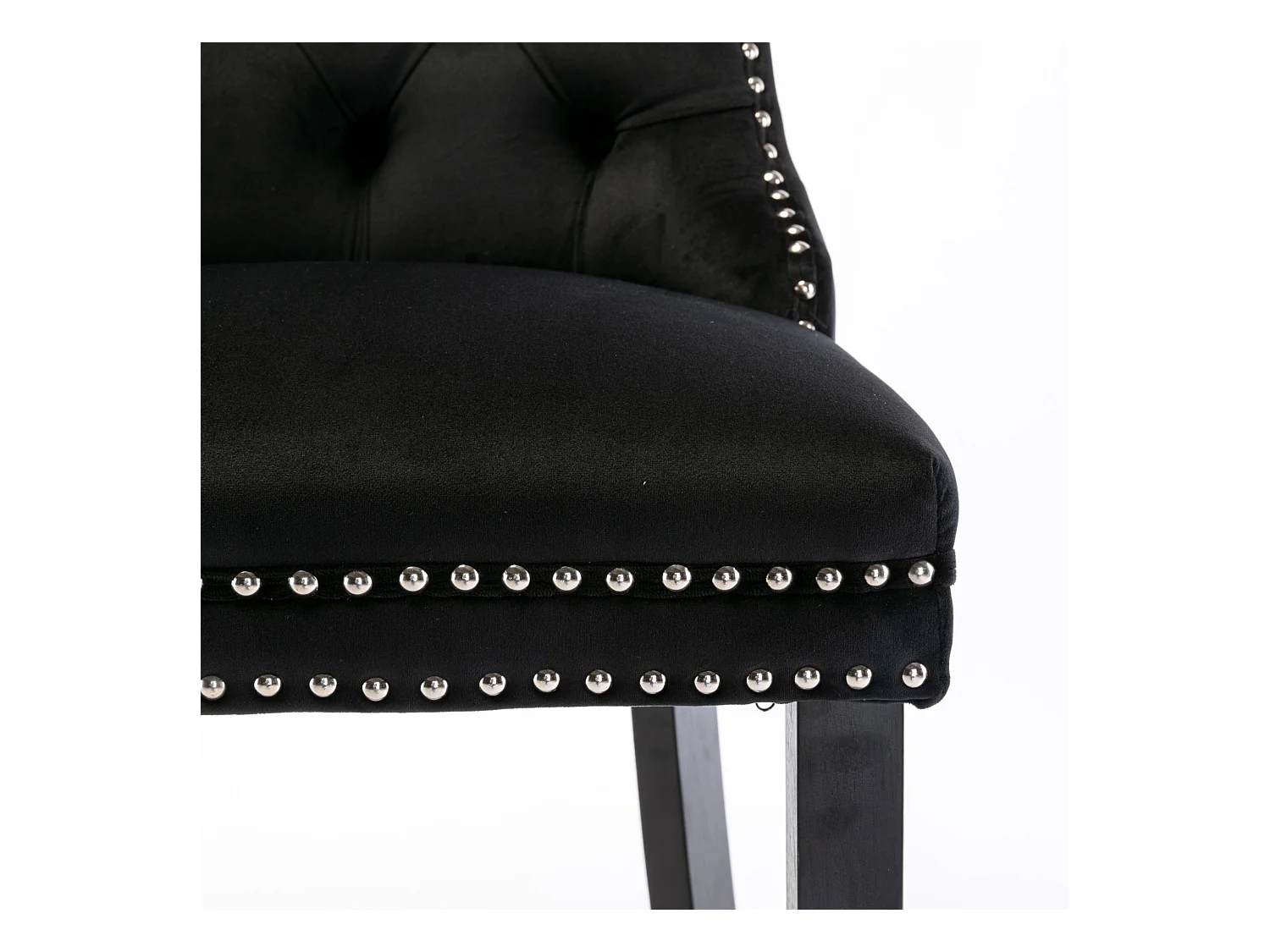 Tabouret de bar contemporain, capitonné, bois massif, piètement bois, rivets chromés, velours, noir (60x50x103 cm)