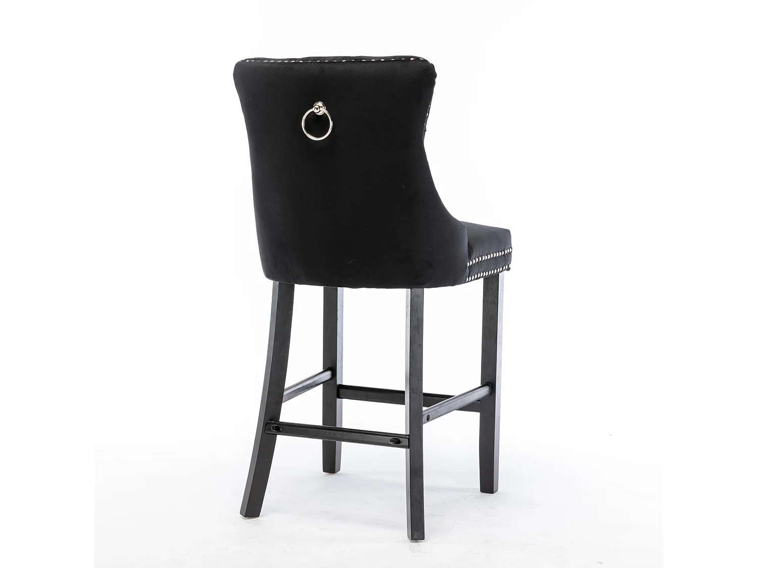 Tabouret de bar contemporain, capitonné, bois massif, piètement bois, rivets chromés, velours, noir (60x50x103 cm)