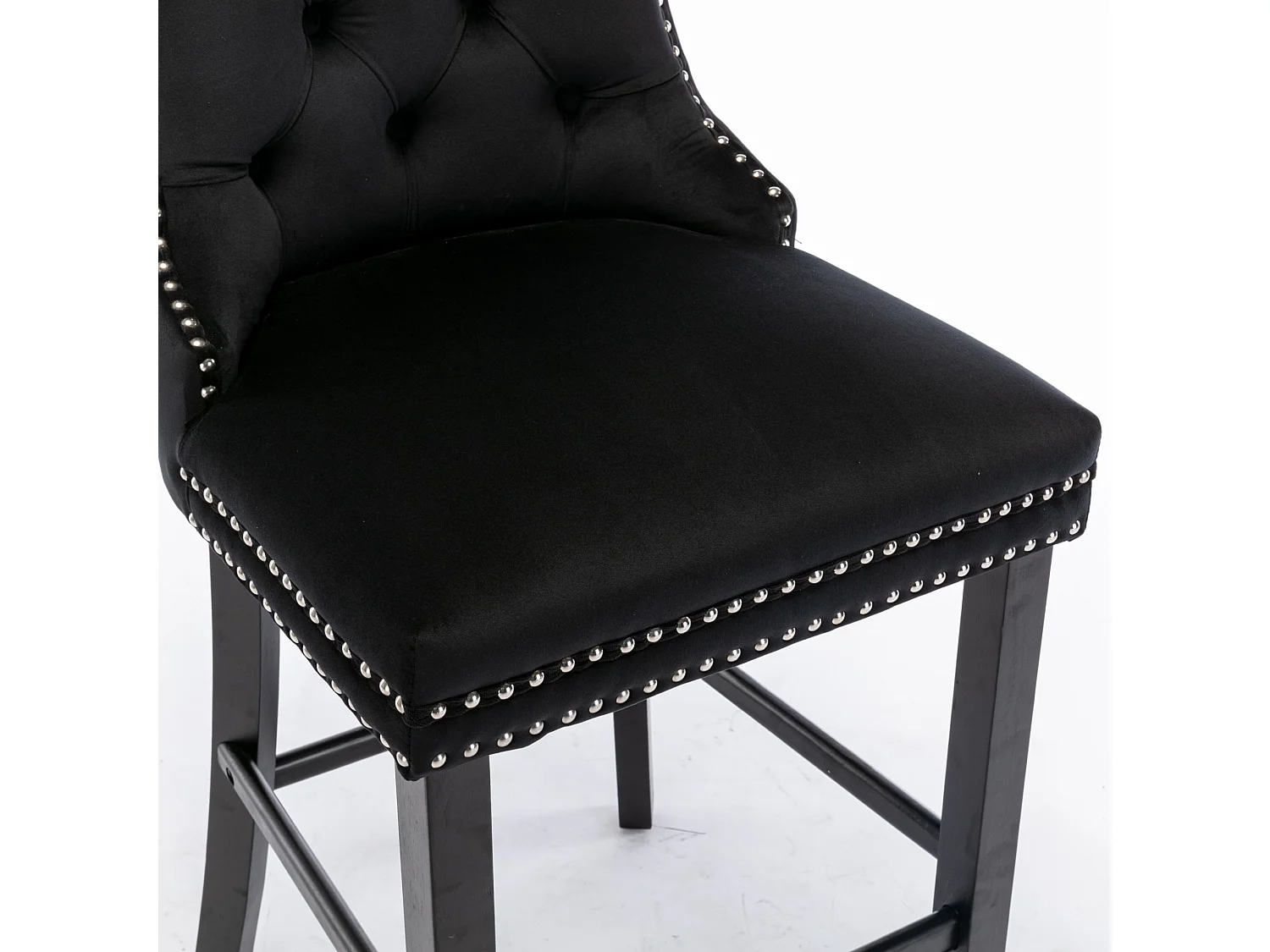 Tabouret de bar contemporain, capitonné, bois massif, piètement bois, rivets chromés, velours, noir (60x50x103 cm)