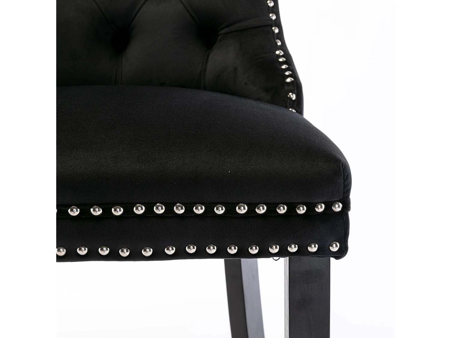 Tabouret de bar contemporain, capitonné, bois massif, piètement bois, rivets chromés, velours, noir (60x50x103 cm)