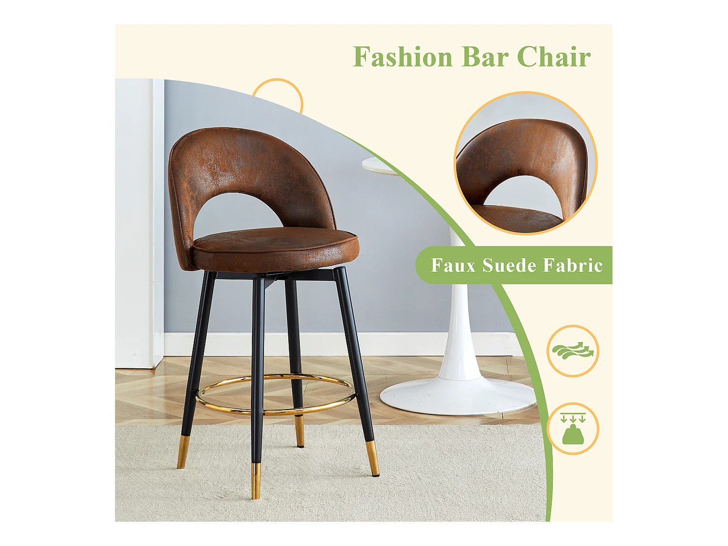 Tabouret de bar pivotant 360°, tissu technologique respirant, marron et noir, design ergonomique, confort optimal (48.2x43x91.5 cm)