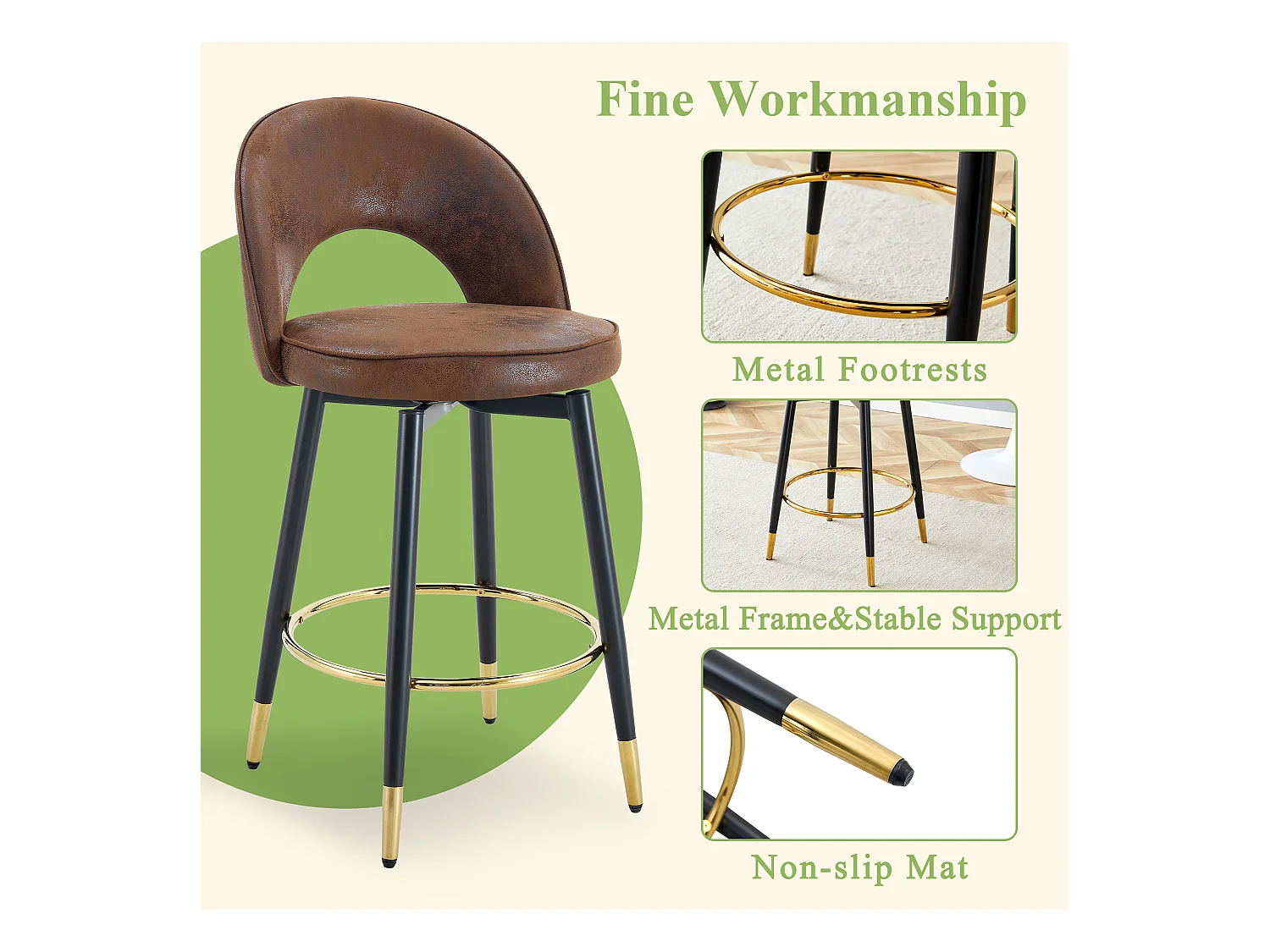 Tabouret de bar pivotant 360°, tissu technologique respirant, marron et noir, design ergonomique, confort optimal (48.2x43x91.5 cm)