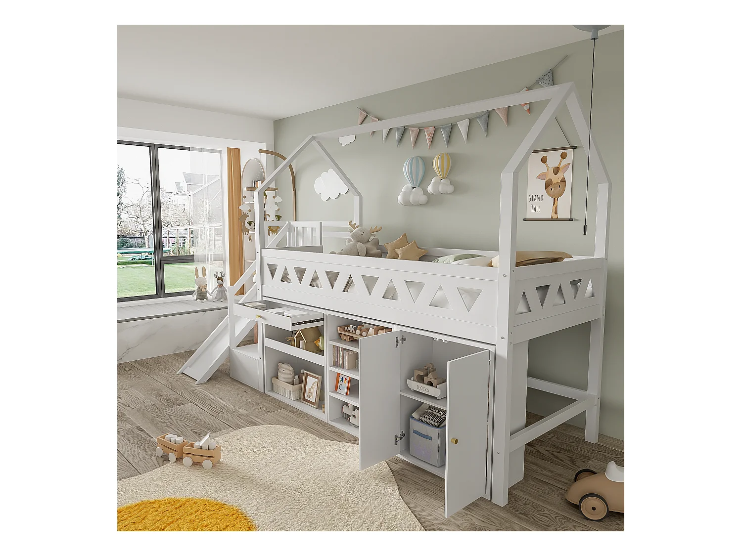 Lit Enfant Multifonction avec Rangement, Échelle, Toboggan, Magnétique, Bois Massif, Blanc (90x200 cm)