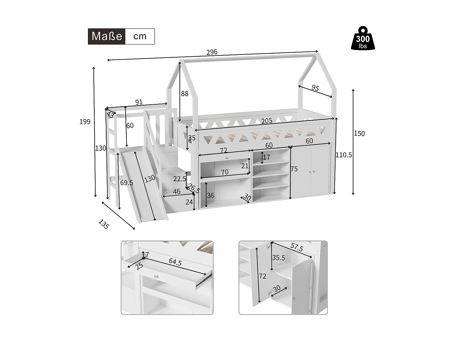 Lit Enfant Multifonction avec Rangement, Échelle, Toboggan, Magnétique, Bois Massif, Blanc (90x200 cm)