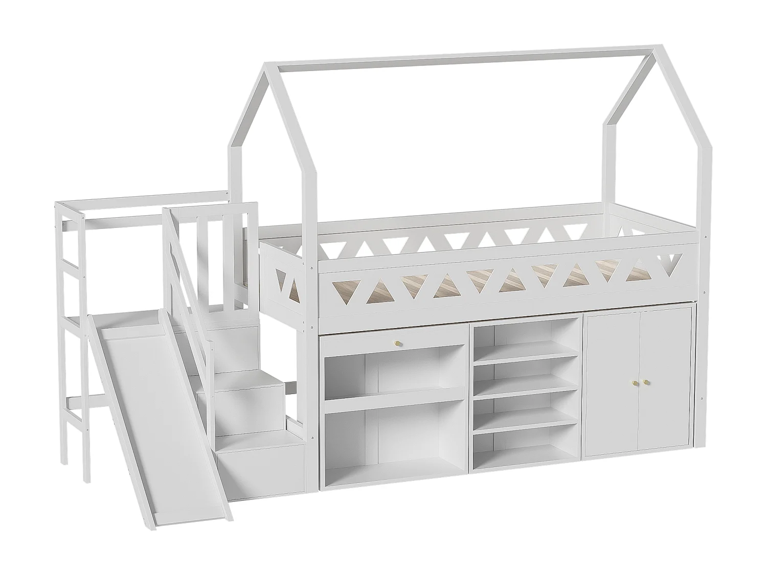 Multifunctioneel kinderbed met opbergruimte, ladder, glijbaan, magnetisch, massief hout, wit (90x200 cm)