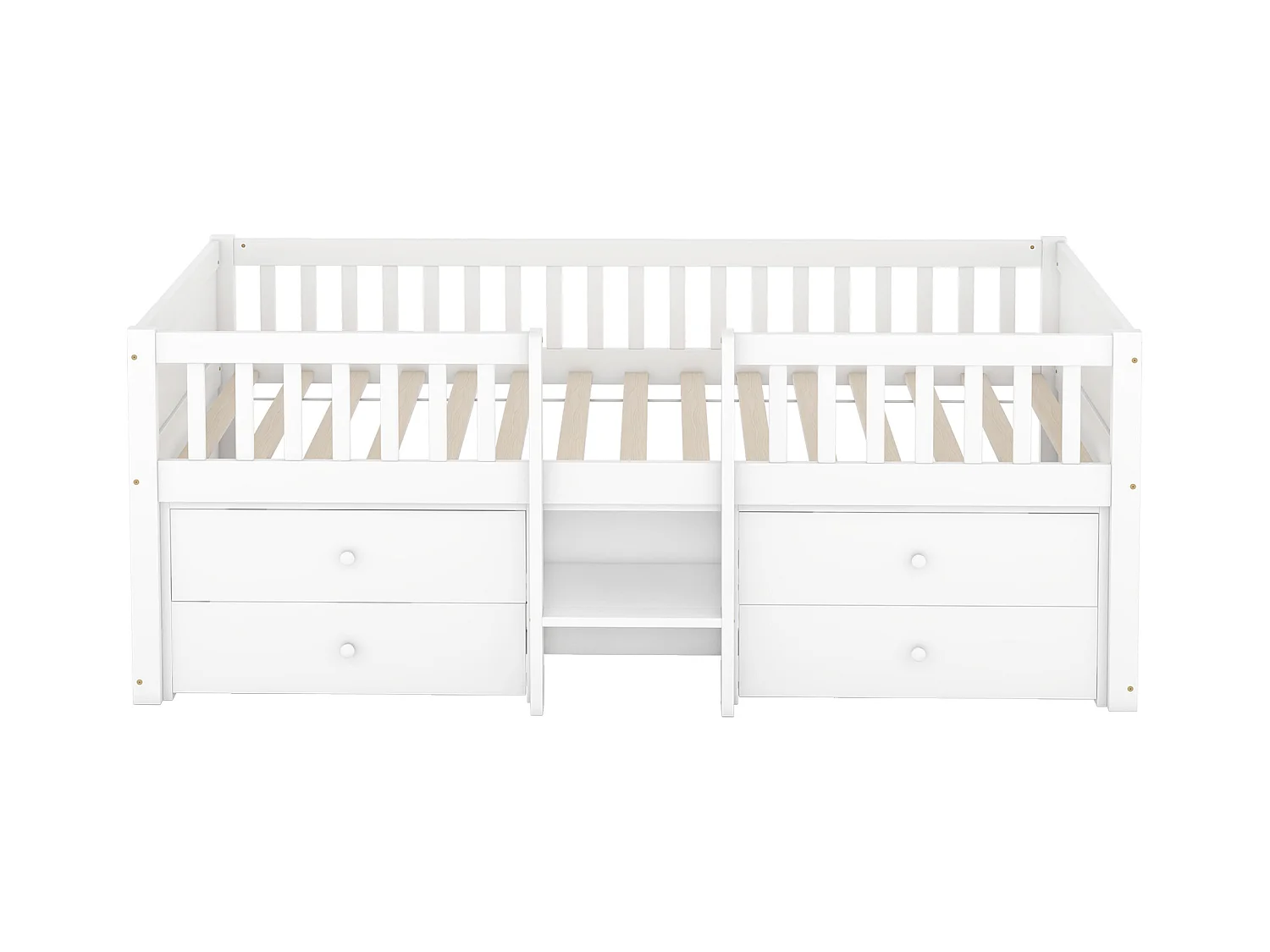 Lit mi-hauteur avec 4 tiroirs, échelle, garde-corps, en pin, sans matelas, style minimaliste, blanc (204x99.5x80.5 cm)