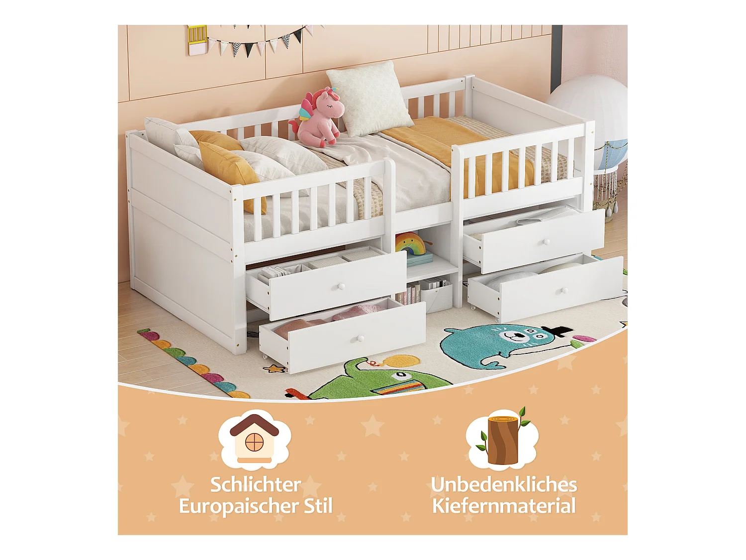 Lit mi-hauteur avec 4 tiroirs, échelle, garde-corps, en pin, sans matelas, style minimaliste, blanc (204x99.5x80.5 cm)